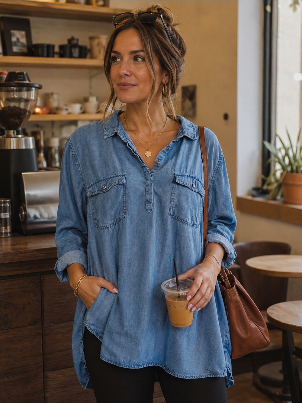 Saks Fifth Avenue light-wash Denim Chambray Henley Dress Minimalist